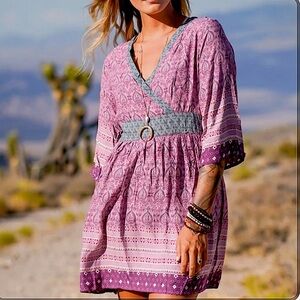 Hayden Los Angeles Medium Pink and Blue Boho Mini Dress with Pockets